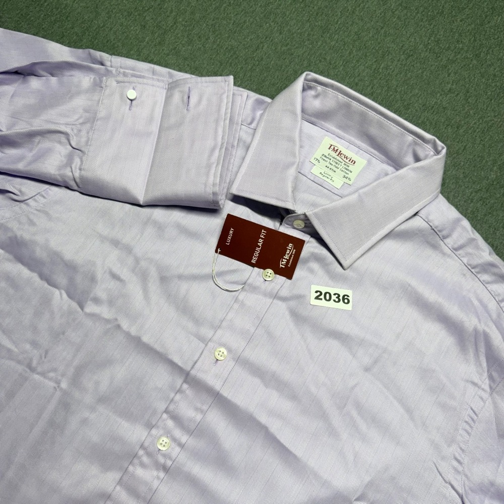 TM Lewin Mens 17.5 34.5 Luxury Regular Fit Lavender Herringbone Dress Shirt NWT